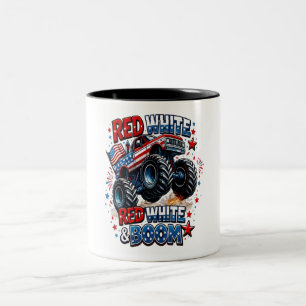 Red White Boom Monster Truck Two-Tone Coffee Mug