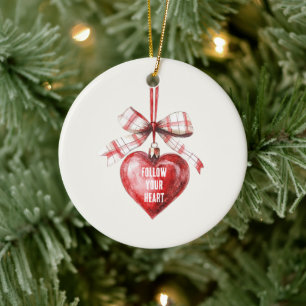 Red White Bow Heart Ceramic Ornament