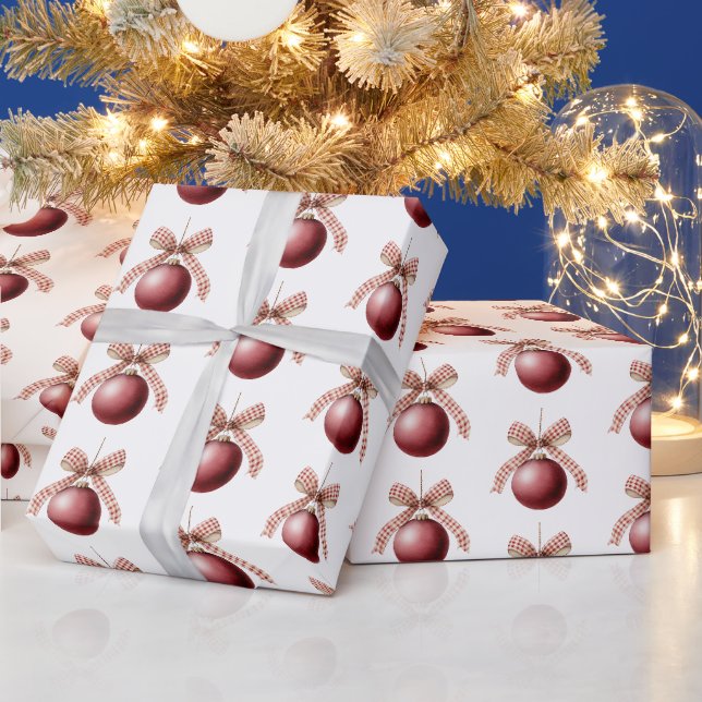 Red White Bow Ornaments Christmas Wrapping Paper (Holidays)