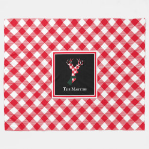 Red & White Buffalo Plaid Reindeer Personalized Fleece Blanket