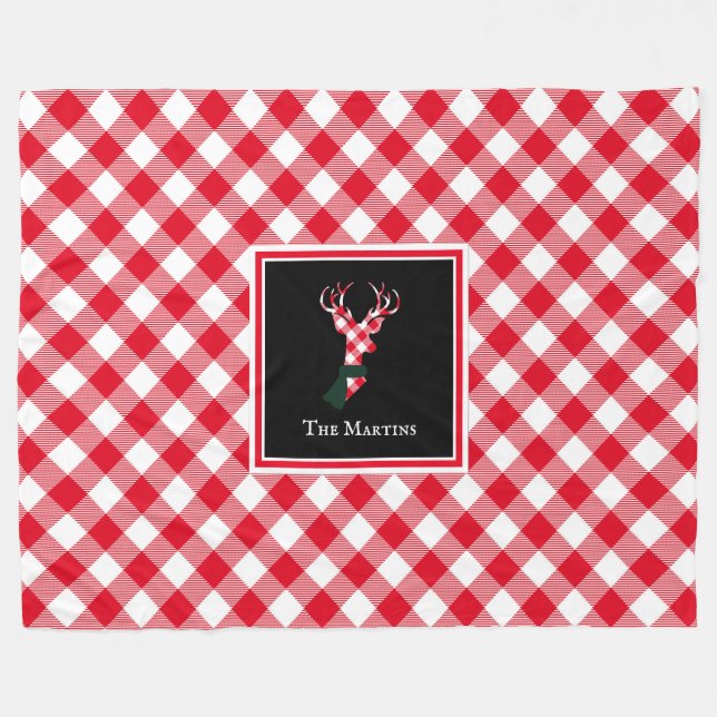 Red & White Buffalo Plaid Reindeer Personalized Fleece Blanket (Front (Horizontal))