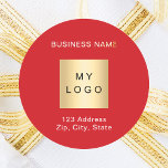 Red white business logo name address  classic round sticker<br><div class="desc">A red background,  white text.  Personalize and add your business name,  logo and address or text.</div>