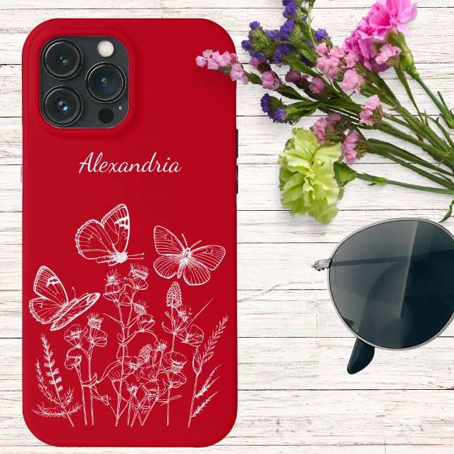 Red & White Butterflies in Wildflowers Monogram  Case-Mate iPhone Case (Creator Uploaded)