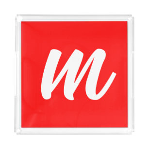 Red White Calligraphy Monogram Initial Letter Acrylic Tray