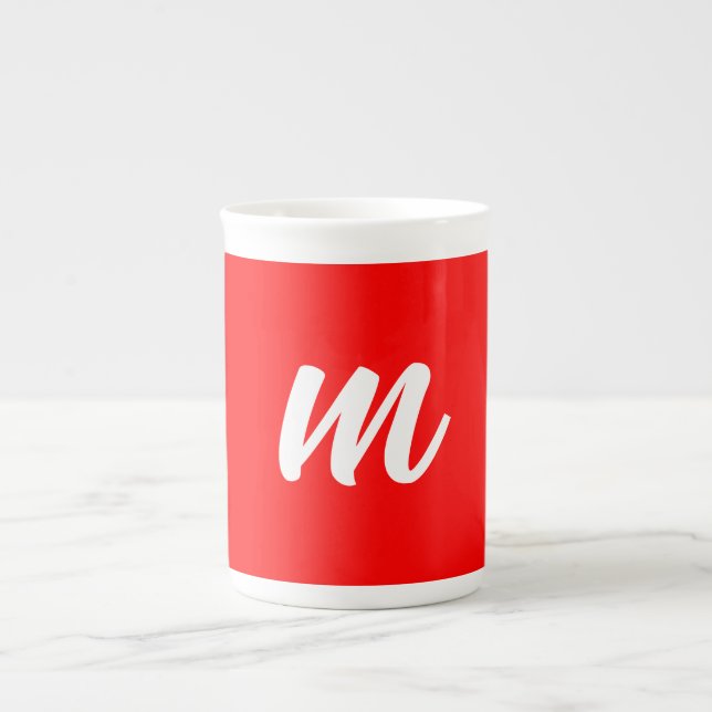 Red White Calligraphy Monogram Initial Letter Bone China Mug (Front)