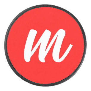 Red White Calligraphy Monogram Initial Letter Hockey Puck