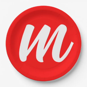 Red White Calligraphy Monogram Initial Letter Paper Plate