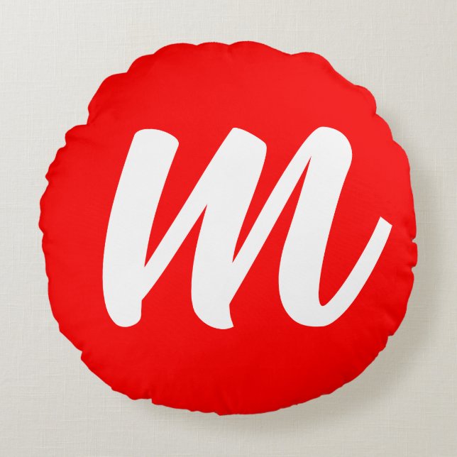 Red White Calligraphy Monogram Initial Letter Round Pillow (Front)