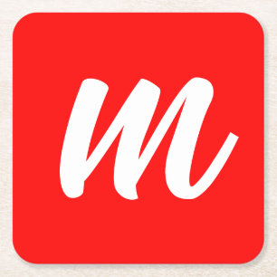 Red White Calligraphy Monogram Initial Letter Square Paper Coaster