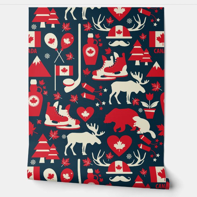 Red White Canada Icons Maple Bear Ice Hockey Moose Wallpaper (Unrolling)