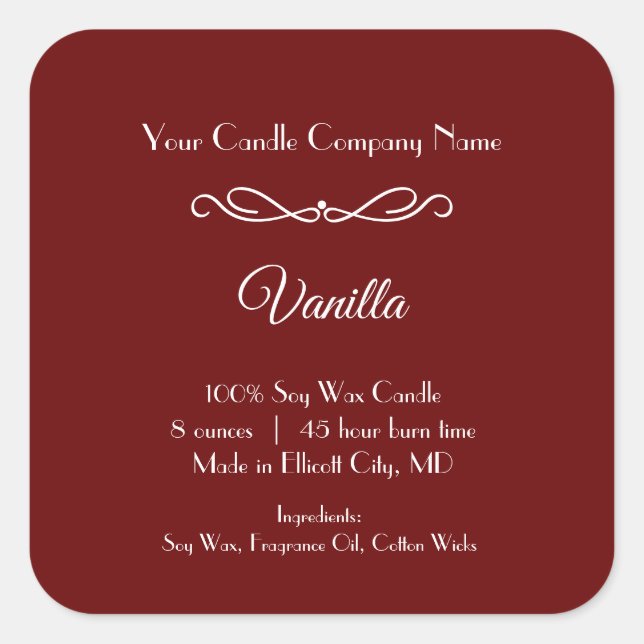 Red White Candle Label Flourish Swirl Minimalist (Front)