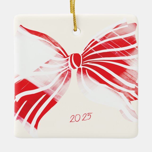 Red White Candy Cane Big Christmas Bow Photo Ceramic Ornament (Front)