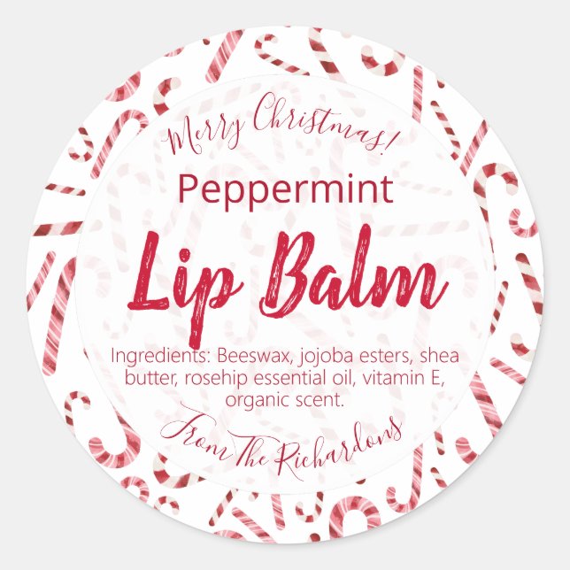 Red White Candy Cane Christmas Lip Balm Labels (Front)