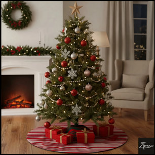 Red White Candy Cane Diagonal Stripes Bow Brushed Polyester Tree Skirt