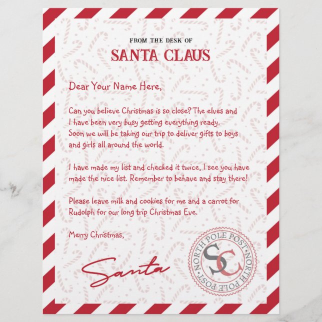 Red White Candy Cane Letter From Santa Claus (Front)
