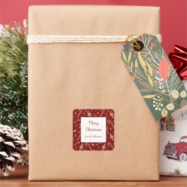 Red White Candy Cane Peppermint Christmas Gift Square Sticker (Holiday)