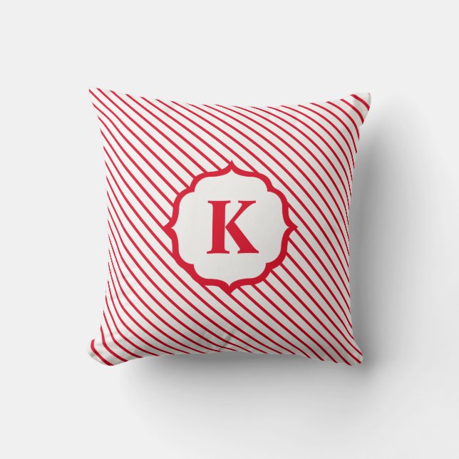 Red White Candy Cane Stripe Monogram Christmas Throw Pillow (Front)