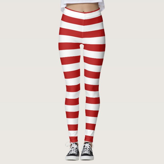 red white candy cane stripes christmas pattern leggings (Front)