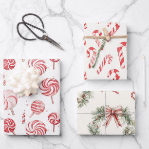Red White Candy Cane Stripes Christmas Wreaths Wrapping Paper Sheet
