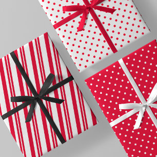 Red & White Candy Cane Stripes & Polka Dots Wrapping Paper Sheet
