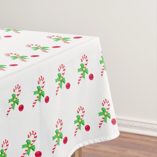 Red & White Candy Cane with Christmas Ball Tablecloth (In Situ)