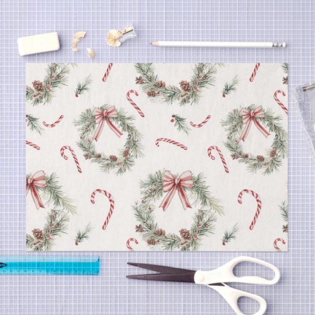 Red White Candy Canes Christmas Wreaths Tissue Paper (Craft)