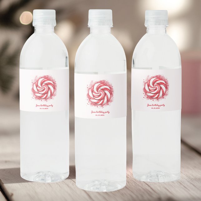 Red & White Candy Winter Birthday Water  Bottle Label (Creator Uploaded)