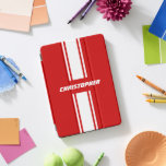 Red White Car Racing Stripes Stylish Monogrammed iPad Pro Cover<br><div class="desc">Create your own custom, personalized, cool, classy, stylish, classic, red and white racing stripes design, white typography / script monogram, trendy, magnetic iPad smart cover that folds into multiple stand positions and features grey microfiber interior that helps protect your screen, and wake / sleep function. To customize, simply type in...</div>