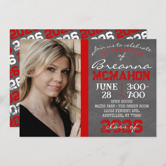 Red & White Chalkboard Graduation Photo Invitation (Repeating Class Year 1 & 2 Photo Graduation Invitations)