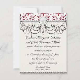 red white chandelier heart damask invitation