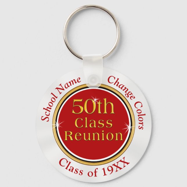 Red, White Cheap, 50 year Class Reunion Souvenirs Keychain (Front)