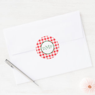 Red White Check MONOGRAM Classic Round Sticker