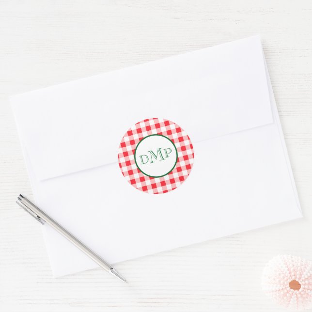 Red White Check MONOGRAM Classic Round Sticker (Envelope)