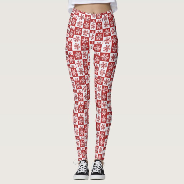 Red/white check snowflake pattern leggings (Front)