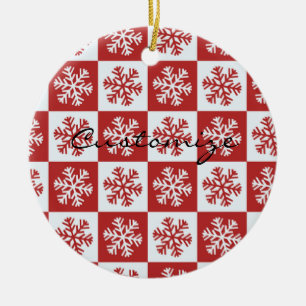 Red/white check snowflake pattern Thunder_Cove Ceramic Ornament