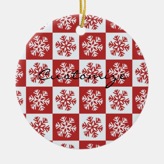 Red/white check snowflake pattern Thunder_Cove Ceramic Ornament (Front)
