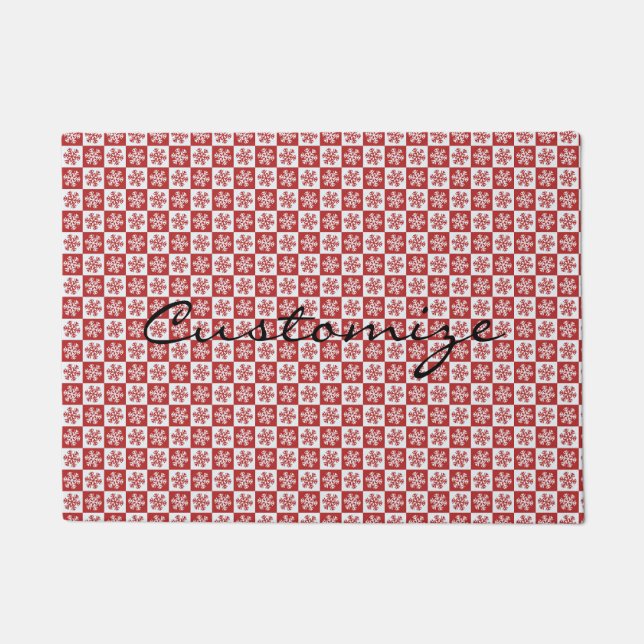 Red/white check snowflake pattern Thunder_Cove Doormat (Front)
