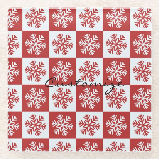 Red/white check snowflake pattern Thunder_Cove Glass Coaster (Front)