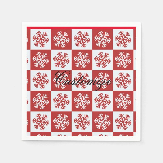 Red/white check snowflake pattern Thunder_Cove Napkin (Front)