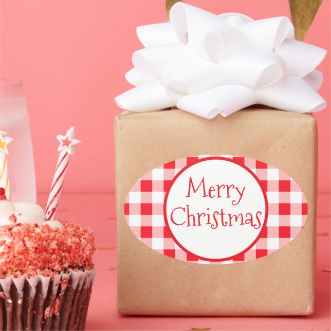 Red White Check Whimsical MERRY CHRISTMAS Oval Sticker (Party)