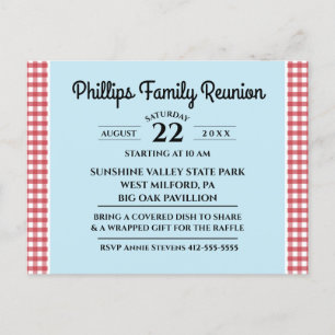 Red & White Checked Tablecloth Blue Family Reunion Invitation Postcard