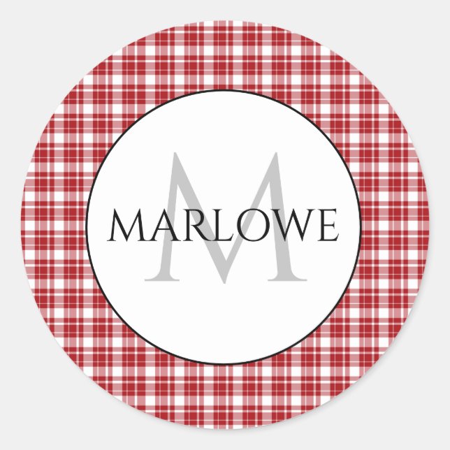 Red White Checks Plaid Monogram Classic Round Sticker (Front)