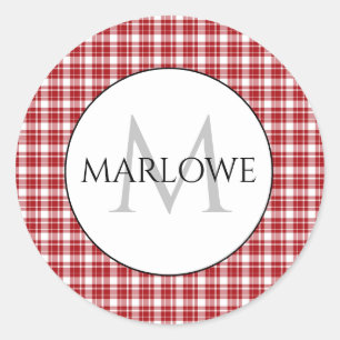 Red White Checks Plaid Monogram Classic Round Sticker