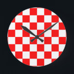 Red White Chequered Check Pattern Round Clock<br><div class="desc">Red and White Check Chequered Geometric Squares Pattern Design</div>