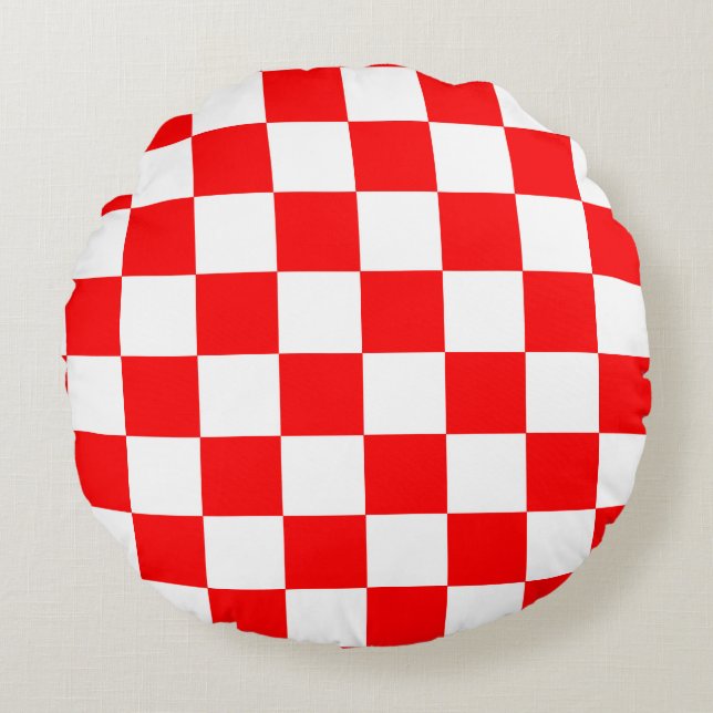 Red White Chequered Check Pattern Round Pillow (Front)