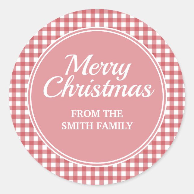 Red White Chequered Gingham Pink Merry Christmas Classic Round Sticker (Front)