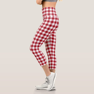 Red White Chequered Gingham Plaid Pattern Capri Leggings