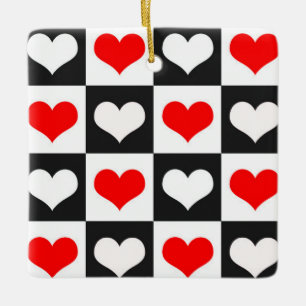 Red White Chequered Hearts Ceramic Ornament