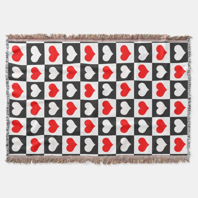 Red White Chequered Hearts Throw Blanket (Front)