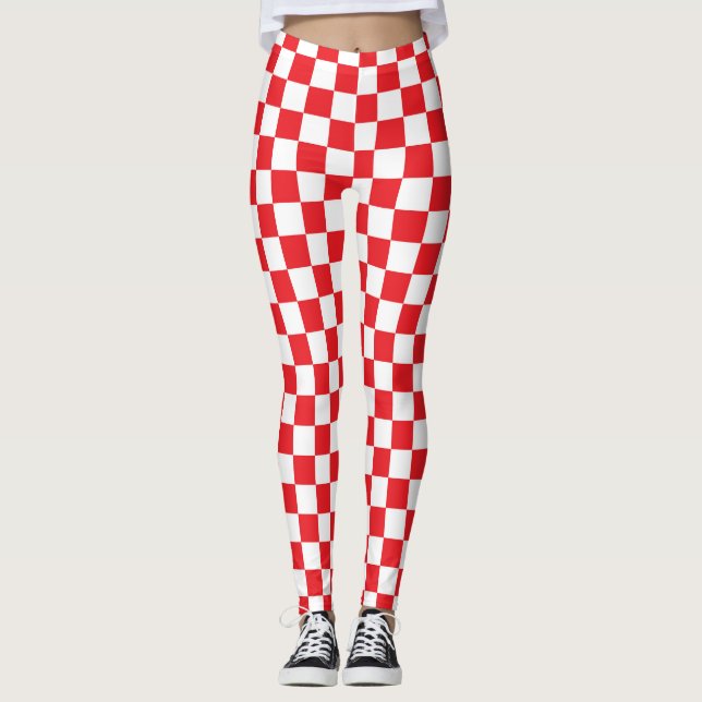 Red & White Chequered Squares Square pattern Leggings (Front)
